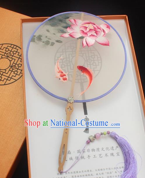 China Classical Double Side Embroidered Fan Handmade Embroidery Lotus Carps Pattern Palace Fan Traditional Silk Fan