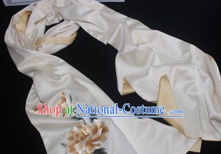 Chinese Style Cheongsam Accessories Embroidered Peony Beige Silk Scarf