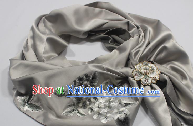 Chinese Embroidered Plum Blossom Grey Silk Scarf Traditional Cheongsam Accessories Top Grade Tippet with Brooch