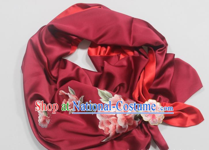 Top Grade Wine Red Silk Tippet with Brooch Chinese Traditional Cheongsam Accessories Embroidered Scarf