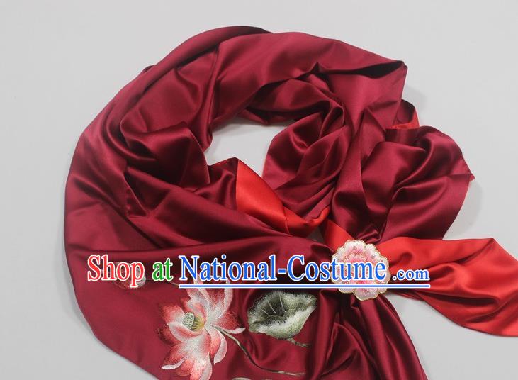 Top Grade Chinese Traditional Cheongsam Accessories Embroidered Lotus Scarf Wine Red Silk Tippet with Brooch