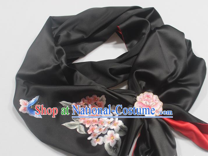 Chinese Black Silk Tippet Traditional Embroidered Plum Butterfly Scarf Cheongsam Accessories with Brooch