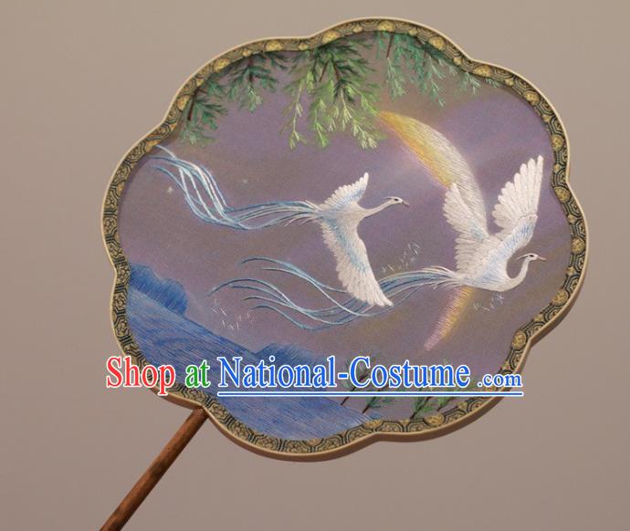 China Traditional Court Fan Double Side Embroidered Fan Handmade Embroidery White Phoenix Fan Classical Silk Palace Fan