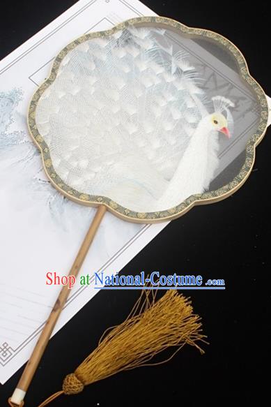 China Double Side Embroidered Fan Handmade Embroidery White Peacock Fan Classical Silk Palace Fan Traditional Court Fan