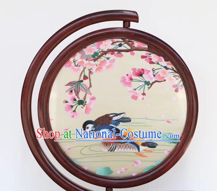 Traditional China Mandarin Duck Painting Handmade Rosewood Carving Table Decoration Embroidered Desk Screen Craft