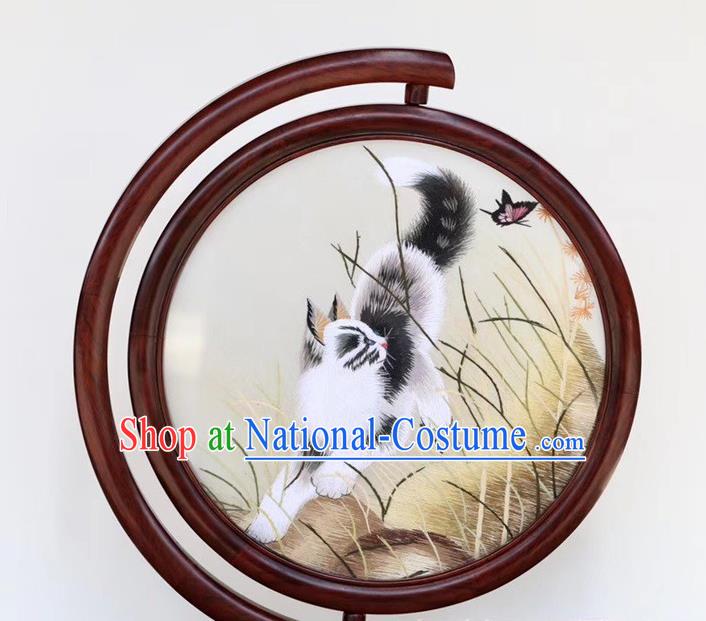 Traditional China Craft Handmade Rosewood Carving Table Decoration Embroidered Cat Painting Desk Screen