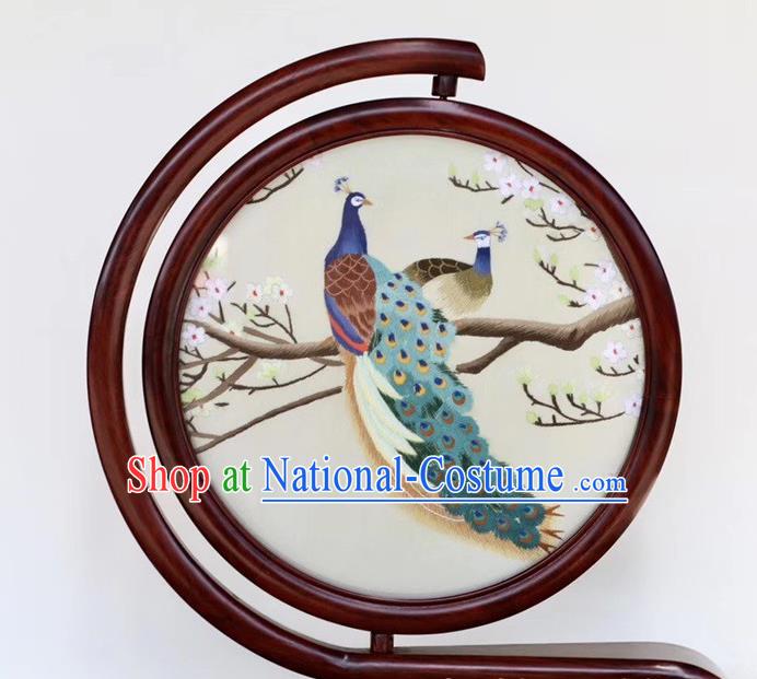 Traditional China Peacock Painting Craft Handmade Rosewood Carving Table Decoration Embroidered Desk Screen