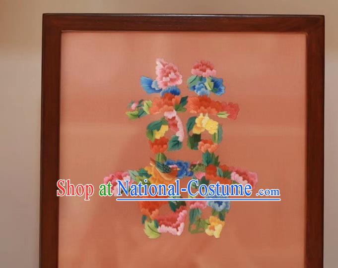 Traditional China Wedding Craft Handmade Rosewood Table Decoration Embroidery Peony Desk Screen