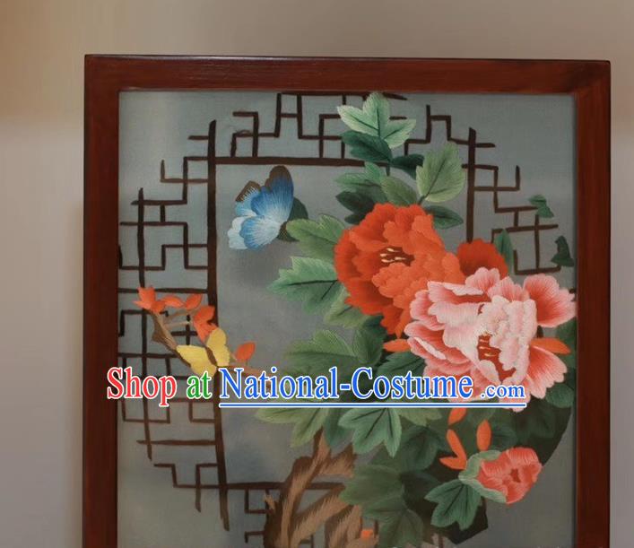 Traditional China Embroidery Peony Butterfly Desk Screen Wedding Craft Handmade Rosewood Table Decoration