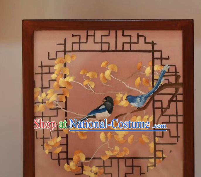 Traditional China Embroidery Ginkgo Leaf Birds Desk Screen Handmade Rosewood Table Decoration Wedding Craft