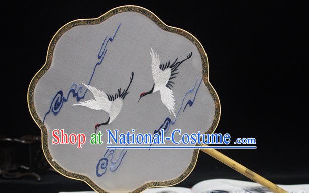 Handmade Embroidered Crane Silk Fan China Traditional Palace Fan Classical Dance Embroidery Fan