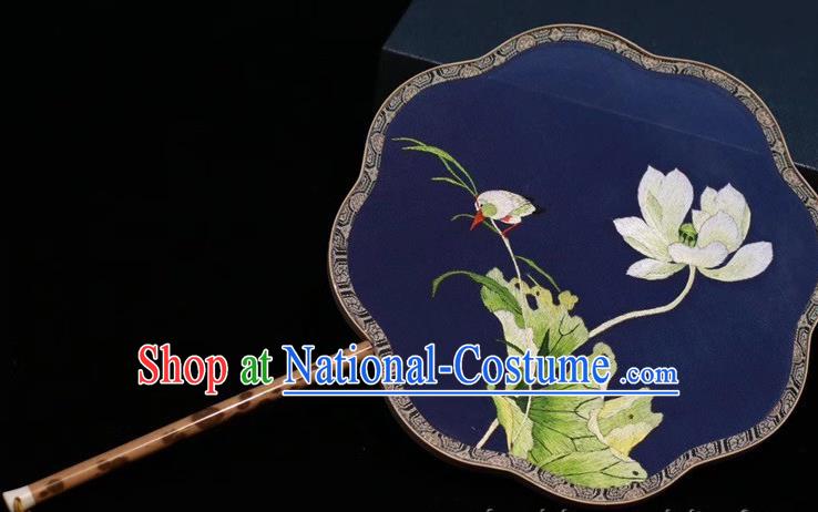 Navy Silk Fan China Traditional Handmade Embroidered Palace Fan Classical Dance Embroidery Lotus Fan