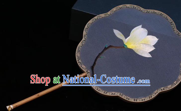 Blue Silk Fan China Traditional Handmade Embroidered Palace Fan Classical Dance Embroidery Yulan Magnolia Fan