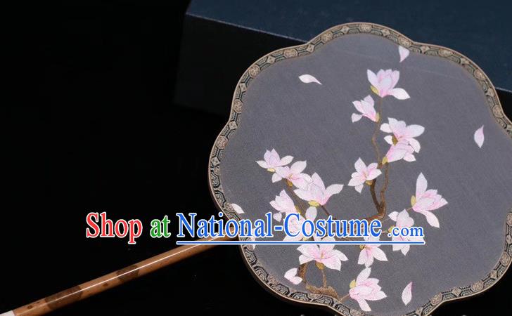 Classical Dance Embroidery Yulan Magnolia Fan Grey Silk Fan China Traditional Handmade Embroidered Palace Fan