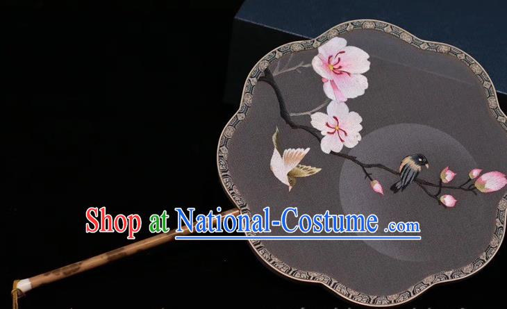 China Traditional Handmade Embroidered Palace Fan Grey Silk Fan Classical Dance Embroidery Peach Blossom Fan