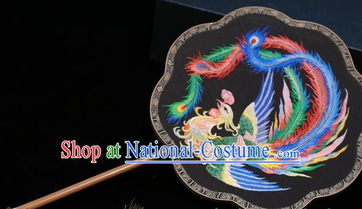 China Traditional Black Silk Fan Handmade Embroidered Palace Fan Classical Dance Embroidery Phoenix Fan