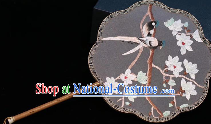 China Handmade Classical Dance Embroidery Mangnolia Fan Traditional Grey Silk Fan Embroidered Palace Fan