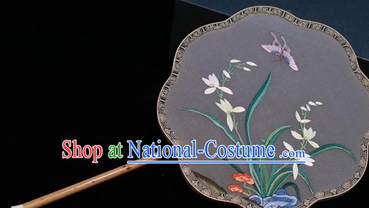 China Handmade Classical Dance Grey Silk Fan Traditional Embroidered Palace Fan Embroidery Orchids Fan