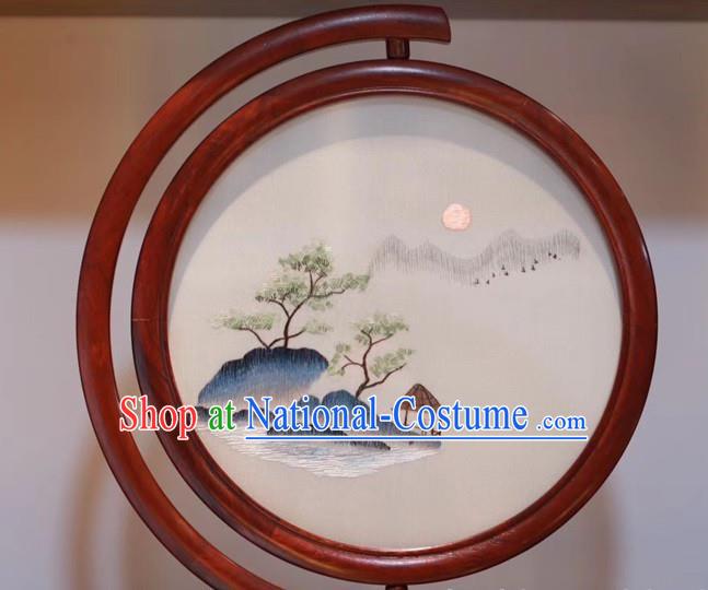 Traditional China Embroidered Painting Desk Screen Rosewood Carving Table Decoration Handmade Embroidery Craft