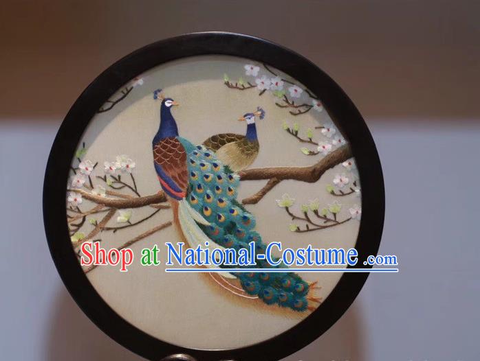 China Handmade Double Side Embroidery Peacock Desk Screen Traditional Craft Rosewood Carving Table Decoration