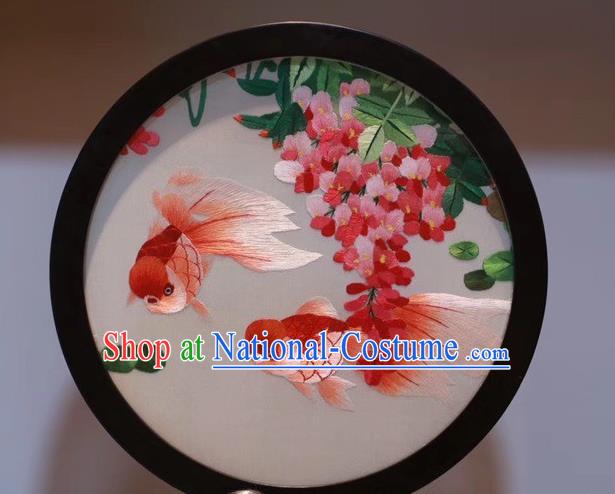 China Desk Screen Traditional Rosewood Carving Table Decoration Handmade Double Side Embroidery Goldfish Craft