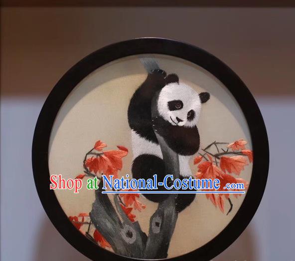 China Handmade Double Side Embroidery Panda Craft Desk Screen Traditional Rosewood Carving Table Decoration