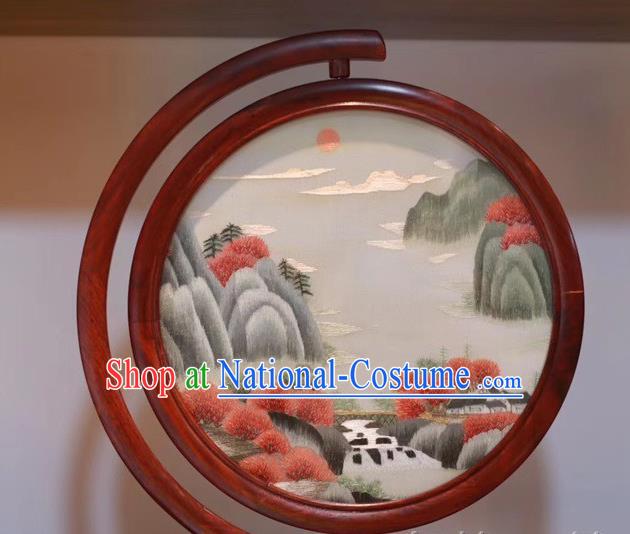 Traditional China Table Decoration Embroidered Landscape Painting Desk Screen Handmade Embroidery Rosewood Craft