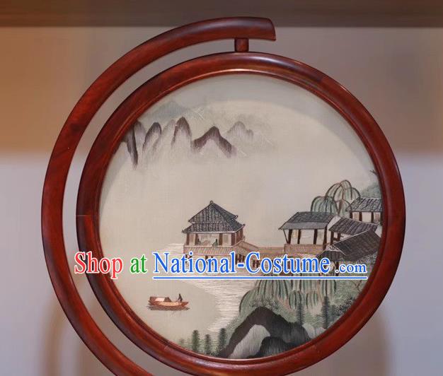 Traditional China Handmade Embroidery Rosewood Craft Table Decoration Embroidered Waterside Pavilion Painting Desk Screen