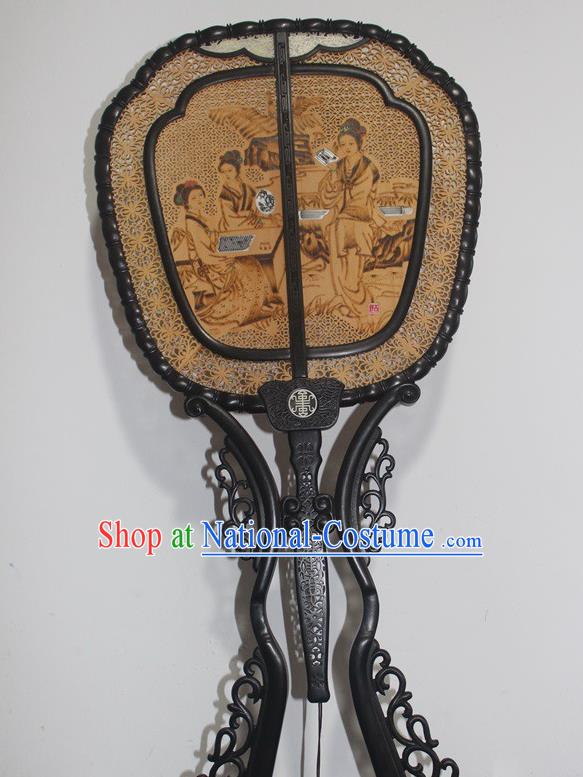 China Handmade Court Lady Pattern Rosewood Carving Fan Traditional Palace Fan Table Decoration