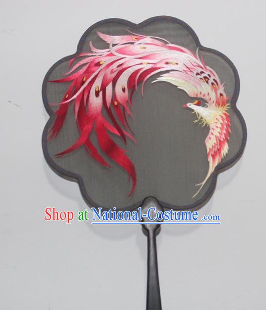 China Handmade Rosewood Double Side Embroidery Palace Fan Traditional Embroidered Phoenix Black Silk Fan