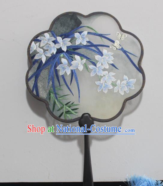 China Traditional Embroidered Silk Fan Rosewood Fan Handmade Double Side Embroidery Orchids Palace Fan