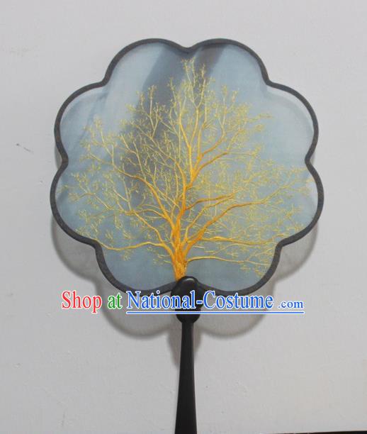 China Handmade Rosewood Fan Double Side Embroidery Palace Fan Traditional Embroidered Blue Silk Fan