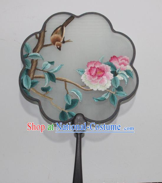 China Rosewood Embroidered Fan Traditional Embroidery Peach Blossom Palace Fan Handmade Double Side Silk Fan