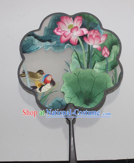 China Traditional Embroidery Mandarin Duck Lotus Palace Fan Handmade Double Side Silk Fan Rosewood Embroidered Fan