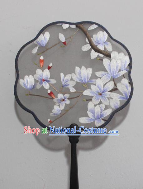 Handmade Double Side Silk Fan China Rosewood Embroidered Fan Traditional Embroidery Purple Mangnolia Palace Fan