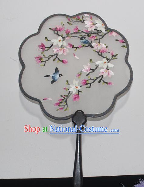 Handmade Embroidery Flowers Bird Dance Fan China Rosewood Embroidered Palace Fan Traditional Double Side Silk Fan