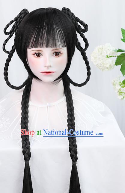 Chinese Qing Dynasty Young Female Bangs Wigs Best Quality Wigs China Cosplay Wig Chignon Ancient Village Girl Wig Sheath