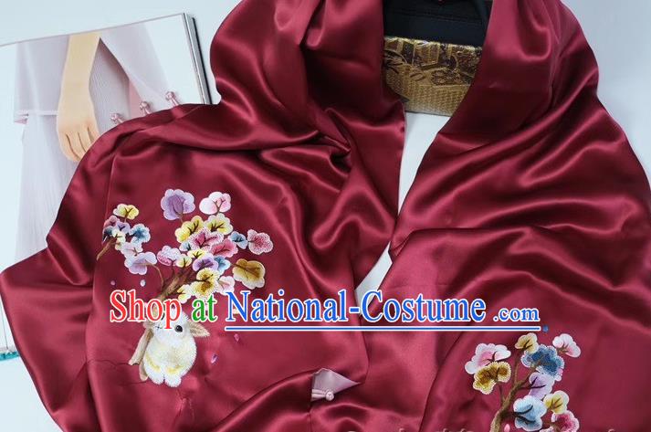 Chinese Wine Red Silk Tippet Accessories Cheongsam Embroidery Osmanthus Rabbit Cappa Traditional Embroidered Scarf