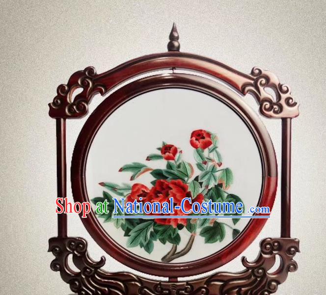 China Handmade Embroidered Peony Desk Screen Traditional Double Side Rosewood Decoration Suzhou Embroidery Craft