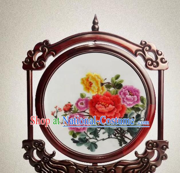 China Rosewood Decoration Traditional Double Side Suzhou Embroidery Craft Handmade Embroidered Peony Flowers Desk Screen