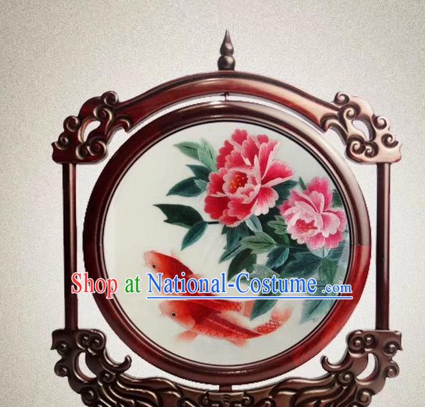 Traditional Embroidered Red Carps Peony Painting Desk Screen Handmade Rosewood Decoration China Double Side Suzhou Embroidery Craft