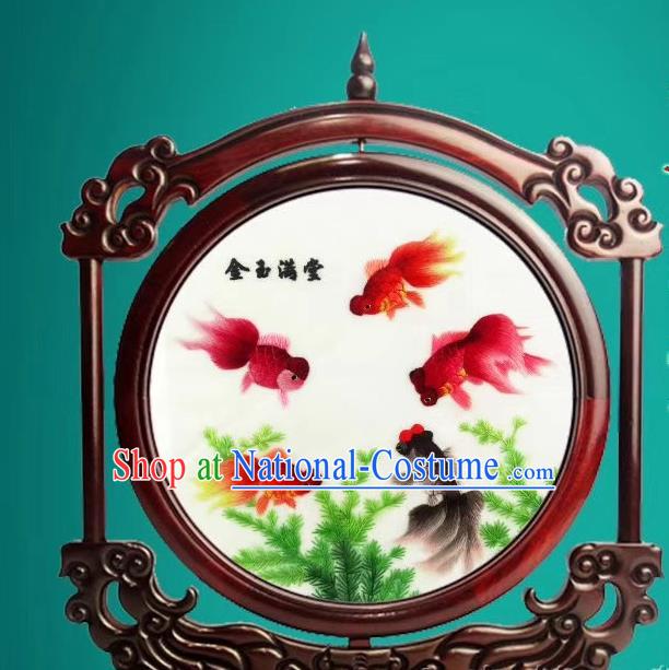 China Traditional Handmade Rosewood Decoration Suzhou Exquisite Embroidered Desk Screen Double Side Embroidery Goldfish Craft