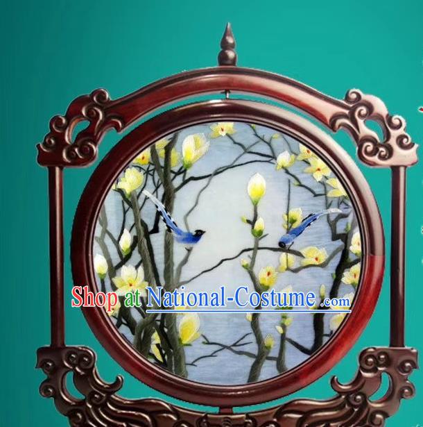 China Suzhou Exquisite Embroidered Desk Screen Handmade Rosewood Decoration Traditional Double Side Embroidery Yulan Magnolia Craft