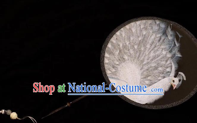 China Handmade Suzhou Embroidery Palace Fan Dance Double Side Fan Traditional Embroidered White Peacock Silk Fans