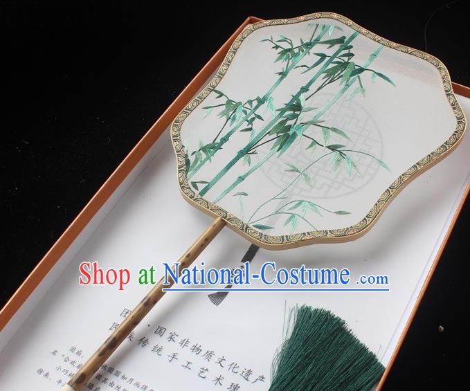 China Classical Dance Embroidered Palm Leaf Fans Suzhou Embroidery Bamboo Palace Fan Handmade Silk Fan