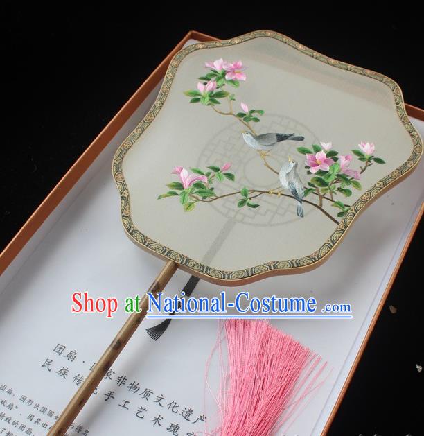 Handmade Suzhou Embroidery Begonia Palace Fan China Embroidered Palm Leaf Fans Classical Dance Silk Fan