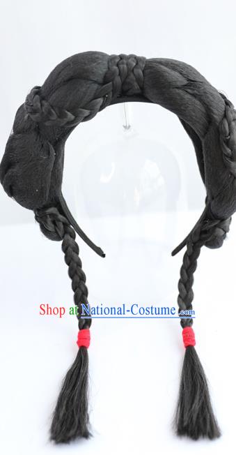 Chinese Ming Dynasty Servant Girl Wig Hairpiece Quality Wig Sheath China Ancient Cosplay Country Lady Wigs Braid Hair Clasp