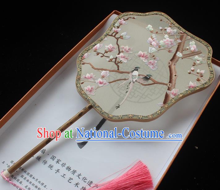 Embroidered Palm Leaf Fans Classical Dance Silk Fan China Handmade Suzhou Embroidery Mangnolia Bird Palace Fan