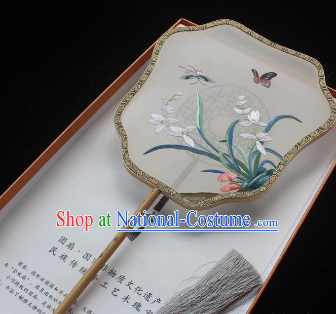 China Suzhou Embroidery Orchids Palace Fan Handmade Mottled Bamboo Fans Embroidered Silk Fans