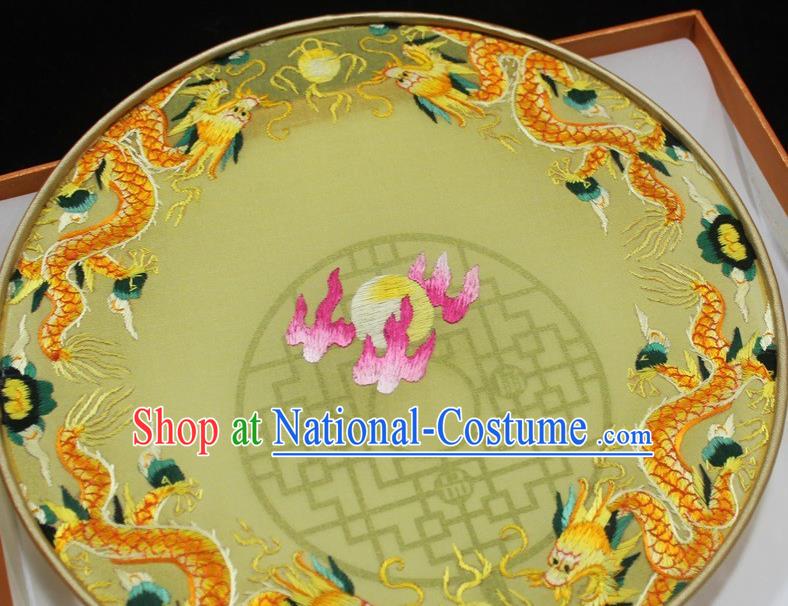 China Handmade Suzhou Embroidery Dragons Fan Embroidered Palace Fan Traditional Hanfu Yellow Silk Fan Round Fan